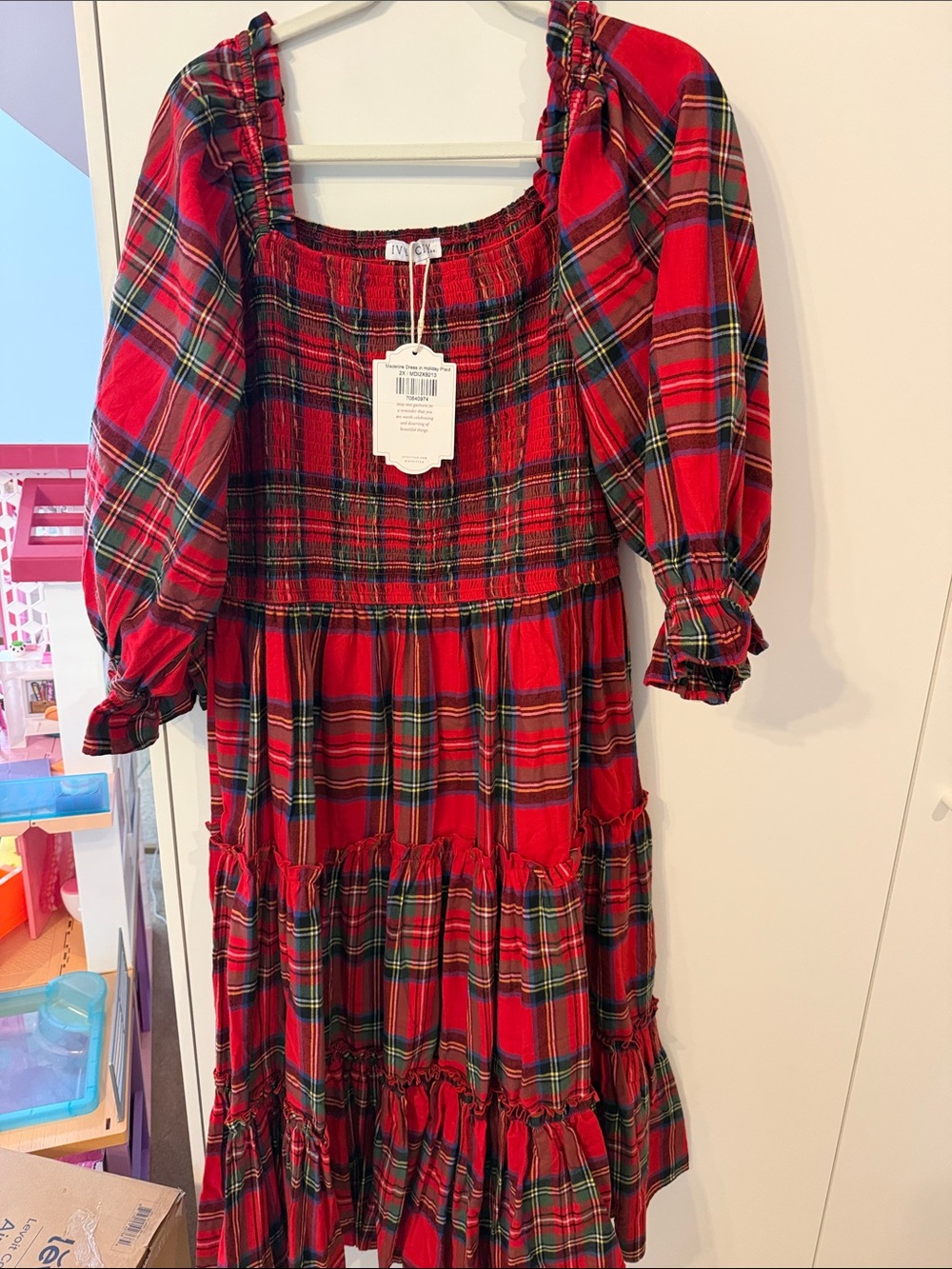 Ivy City Co Red Plaid Tiered Dress with Puff Sleeves